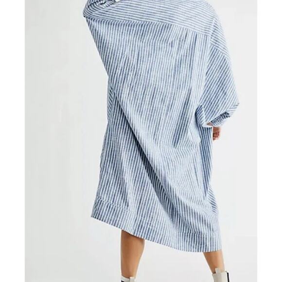 Free People Jess Oversized Shirt Dress Striped Blue Button Front Tie Women's XS - Picture 7 of 15
